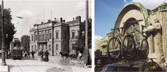 Methods of traffic: Ylioppilastalo ja Raitiotietori (‘The Student House and the Tramway Square’) by I.K. Inha and wheels on wheels in Helsinki now by Martti Jämsä